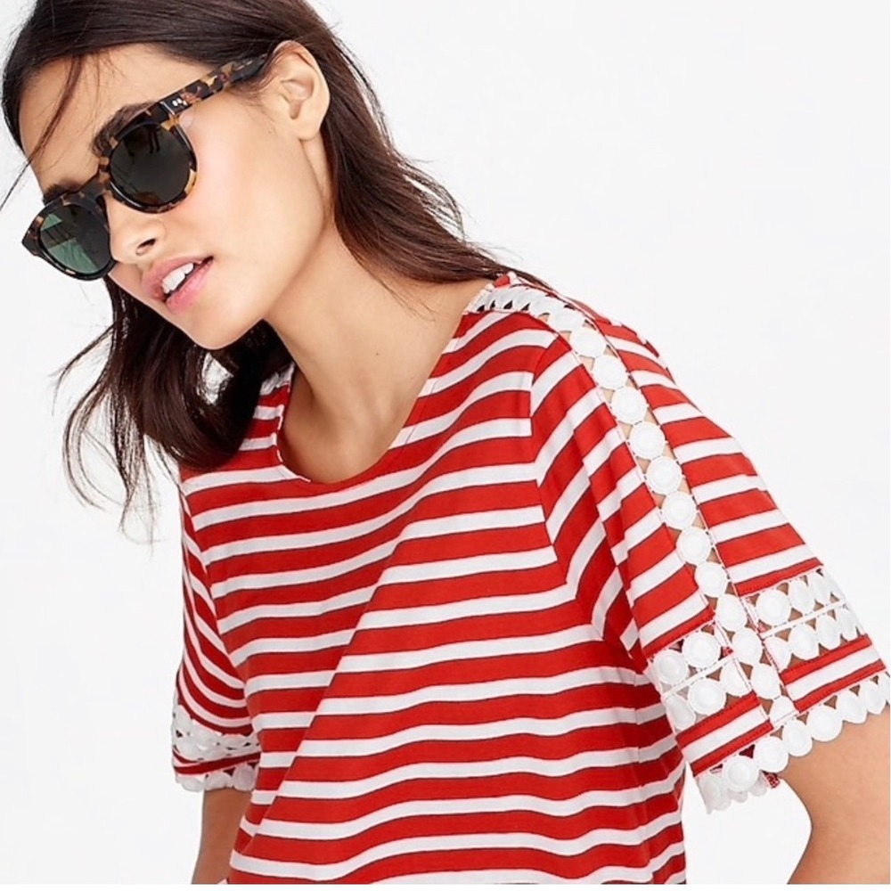 J.Crew Womens XS Red White Striped Eyelet Lace Trim Short Sleeve Cotton Top